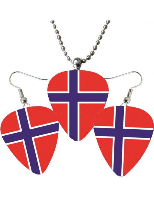 Plectrum ketting en oorbellen met de afbeelding van de Noorse vlag